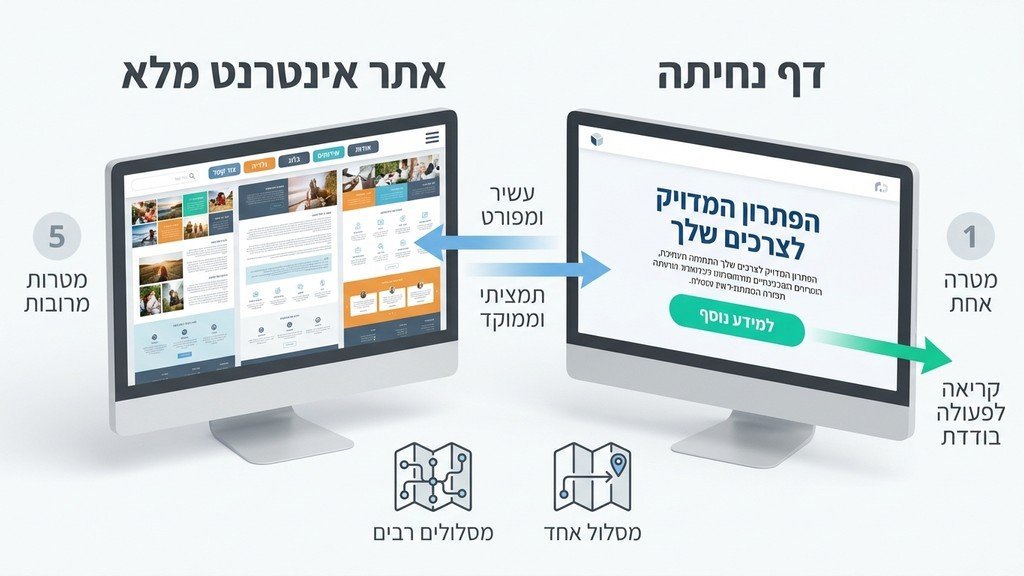 השוואה ויזואלית בין אתר אינטרנט מורכב לדף נחיתה ממוקד